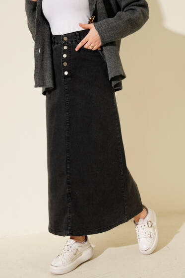 Beş Düğmeli Kot Etek Füme - Etek