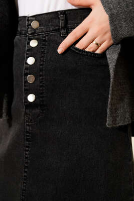 Beş Düğmeli Kot Etek Füme - Etek