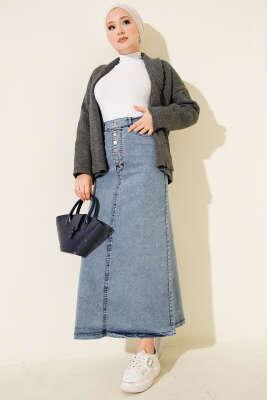 Beş Düğmeli Kot Etek Kot Mavi - Etek