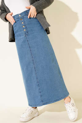 Beş Düğmeli Kot Etek Mavi - MUSTİ