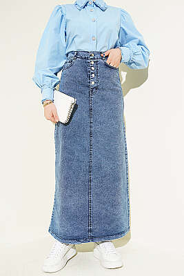 Beş Düğmeli Kot Etek Mavi Kar - MUSTİ