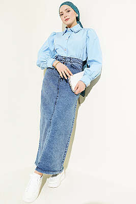 Beş Düğmeli Kot Etek Mavi Kar - Etek