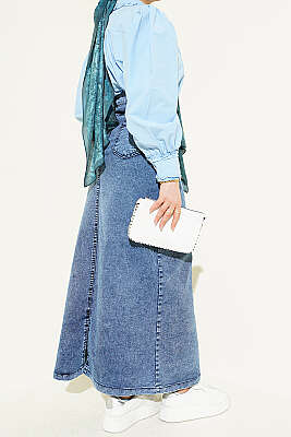 Beş Düğmeli Kot Etek Mavi Kar - Etek