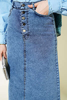 Beş Düğmeli Kot Etek Mavi Kar - Etek