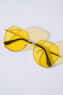 Beşgen Metal Çerçeve Gözlüğü Gold Sarı - Thumbnail