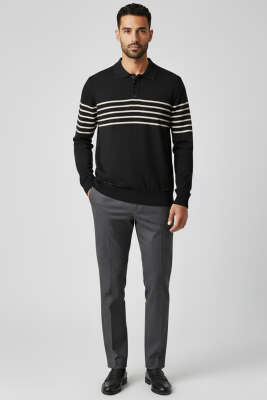 Beyaz Çizgili Polo Yaka Erkek Triko Kazak Siyah - Erkek Kazak