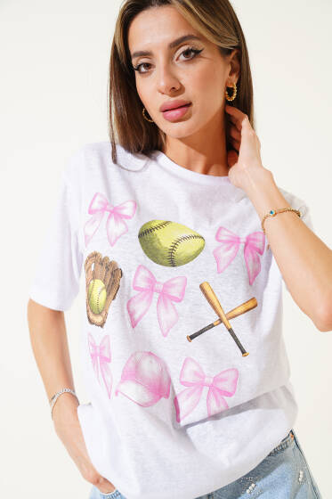 Beyzbol Baskılı T-shirt Beyaz - Kadın Giyim Modelleri