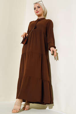 Yakası Bağcıklı Kat Kat Elbise Kahve - Tesettür Elbise