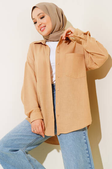 Bigdart Tek Cepli Keten Gömlek Latte - Gömlek