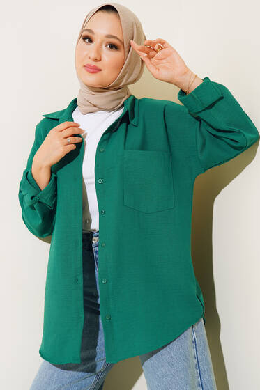 Bigdart Tek Cepli Keten Gömlek Zümrüt - Gömlek