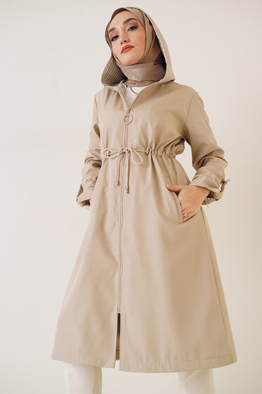 Bileği Çizgili Kapüşonlu Bej Trençkot - Trençkot