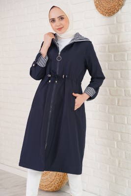 Bileği Çizgili Kapüşonlu Lacivert Trençkot - Trençkot