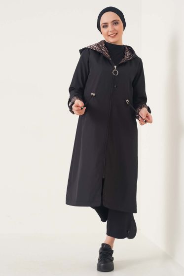 Bileği Çizgili Kapüşonlu Siyah Leopar Trençkot - Trençkot