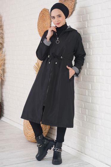 Bileği Çizgili Kapüşonlu Siyah Trençkot - Trençkot