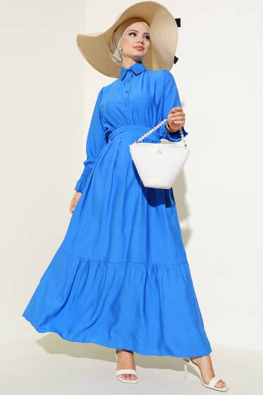 Bileği Gipeli Kuşaklı Elbise Saks - Elbise