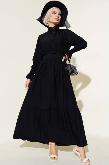Bileği Gipeli Kuşaklı Elbise Siyah - Elbise
