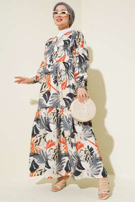 Bileği Gipeli Tropik Desen Elbise Füme - HBS