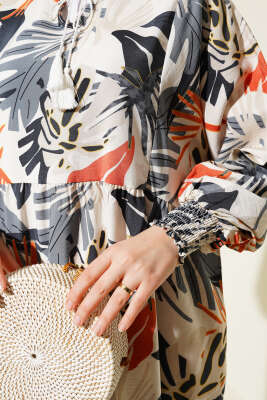 Bileği Gipeli Tropik Desen Elbise Füme - Tesettür Elbise