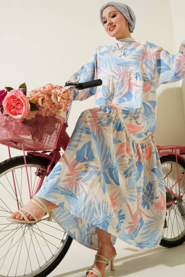 Bileği Gipeli Tropik Desen Elbise İndigo - Tesettür Elbise