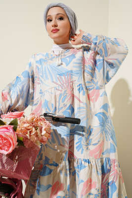 Bileği Gipeli Tropik Desen Elbise İndigo - Tesettür Elbise