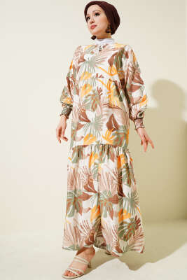 Bileği Gipeli Tropik Desen Elbise Kahve - Tesettür Elbise