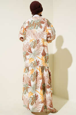 Bileği Gipeli Tropik Desen Elbise Kahve - Tesettür Elbise