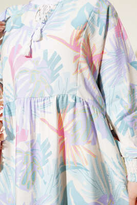 Bileği Gipeli Tropik Desen Elbise Mint - Tesettür Elbise