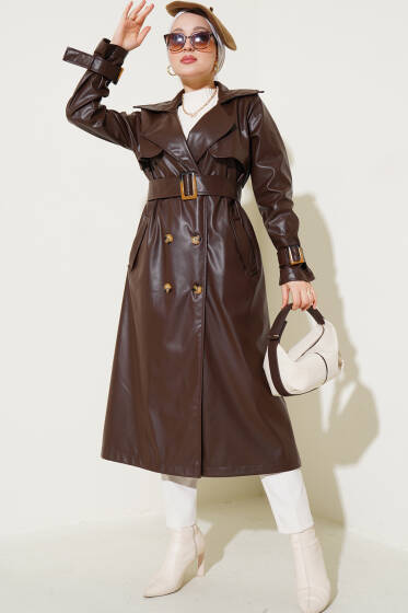 Bileği Kemerli Deri Trençkot Kahve - Trençkot