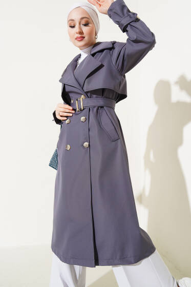 Bileği Kuşaklı Düğmeli Trençkot Füme - Trençkot