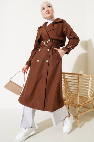 Bileği Kuşaklı Düğmeli Trençkot Kahve - Trençkot