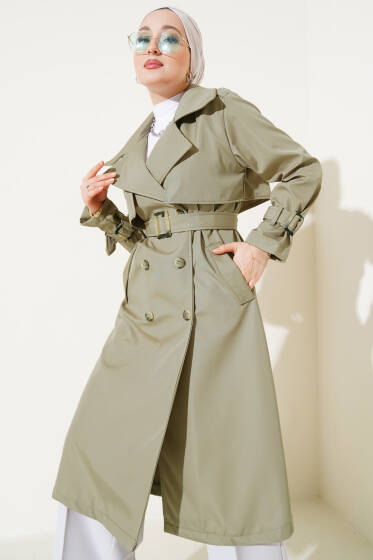 Bileği Kuşaklı Düğmeli Trençkot Nefti - Trençkot