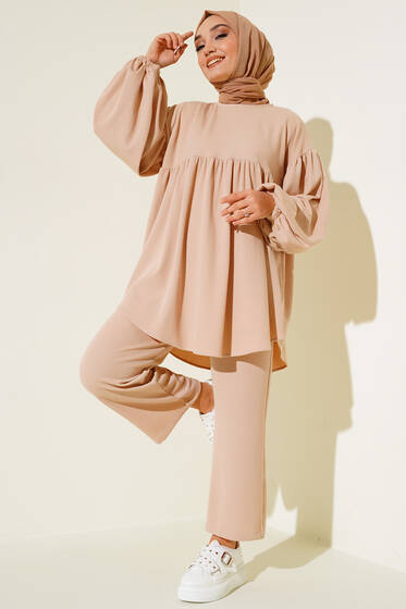 Bileği Lastikli Fitilli İkili Takım Bej - İKİLİ TAKIM