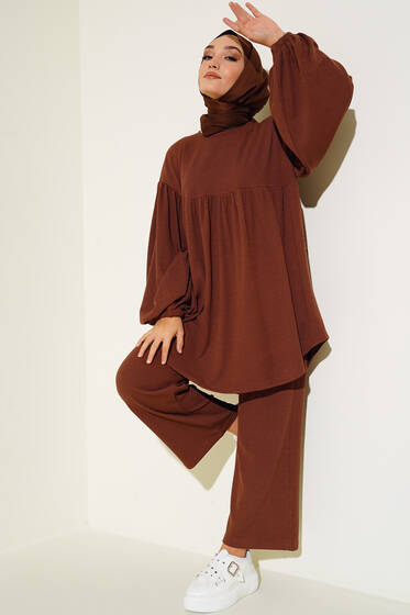 Bileği Lastikli Fitilli İkili Takım Kahve - İKİLİ TAKIM