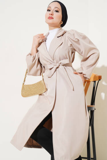 Bileği Lastikli Kuşaklı Trençkot Bej - Trençkot