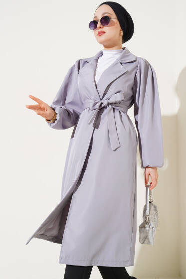 Bileği Lastikli Kuşaklı Trençkot Gri - Trençkot