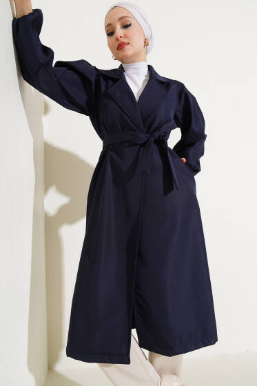 Bileği Lastikli Kuşaklı Trençkot Lacivert - Trençkot