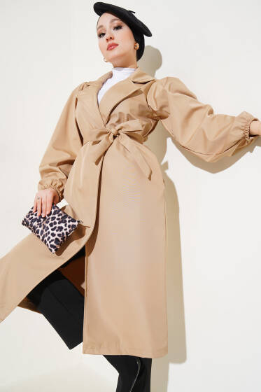Bileği Lastikli Kuşaklı Trençkot Latte - Trençkot