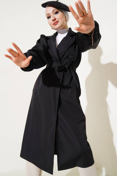 Bileği Lastikli Kuşaklı Trençkot Siyah - Trençkot