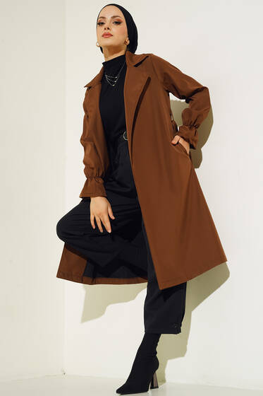 Bileği Lastikli Şal Yaka Trençkot Kahve - Kaban
