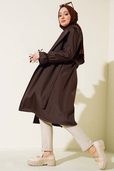 Bileği Lastikli Şal Yaka Trençkot Kestane - Trençkot