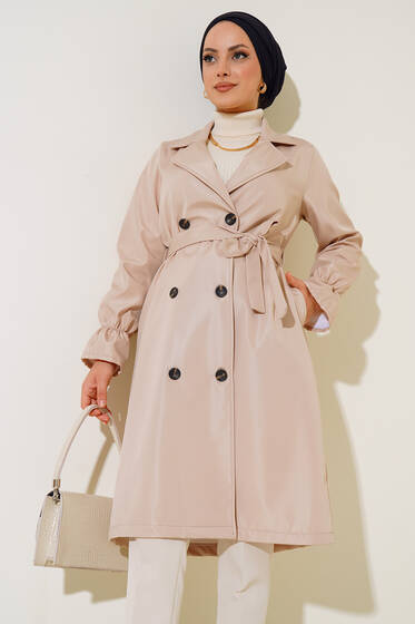 Bileği Lastikli Trençkot Bej - Bej Trençkot
