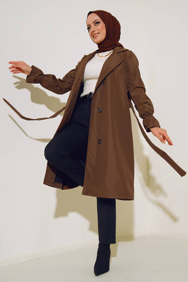 Bileği Lastikli Trençkot Kahve - Trençkot Kadın