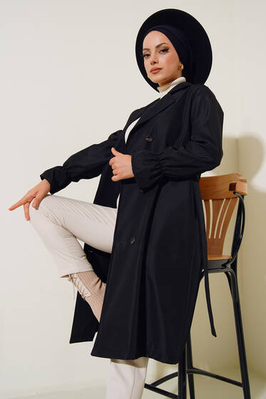Bileği Lastikli Trençkot Siyah - Trençkot Kadın