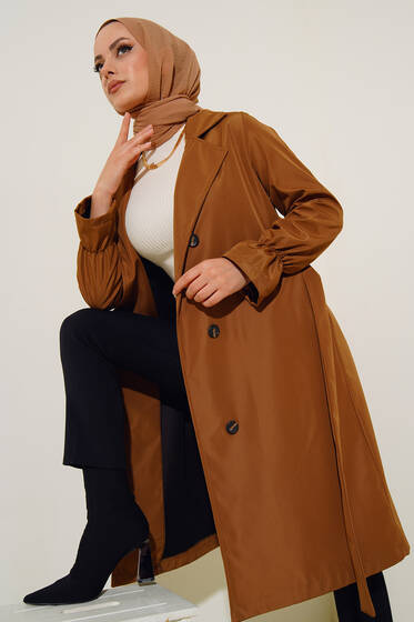 Bileği Lastikli Trençkot Taba - Trençkot Kadın