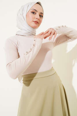 Bileği Metal Düğmeli Body Bej - Uzun Kollu Tişört