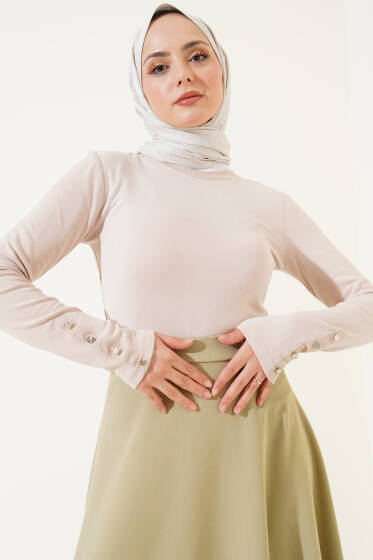 Bileği Metal Düğmeli Body Bej - Yılın Fırsatı