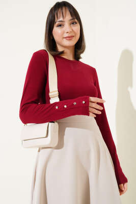 Bileği Metal Düğmeli Body Bordo - Uzun Kollu Tişört