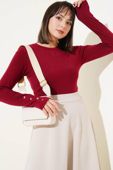 Bileği Metal Düğmeli Body Bordo - Yılın Fırsatı