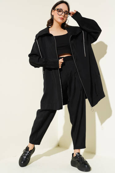 Bileği Mini Taşlı Fermuarlı İkili Takım Siyah - İkili Takım