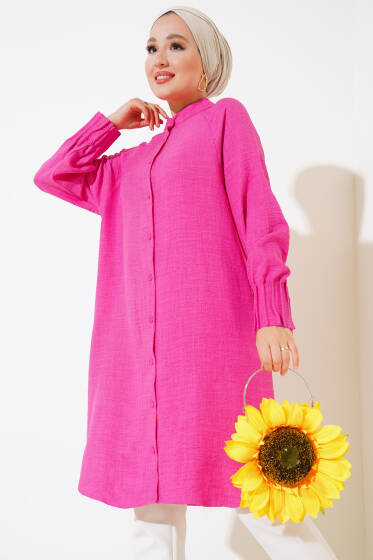 Bileği Nervürlü Uzun Gömlek Fuşya - Gömlek